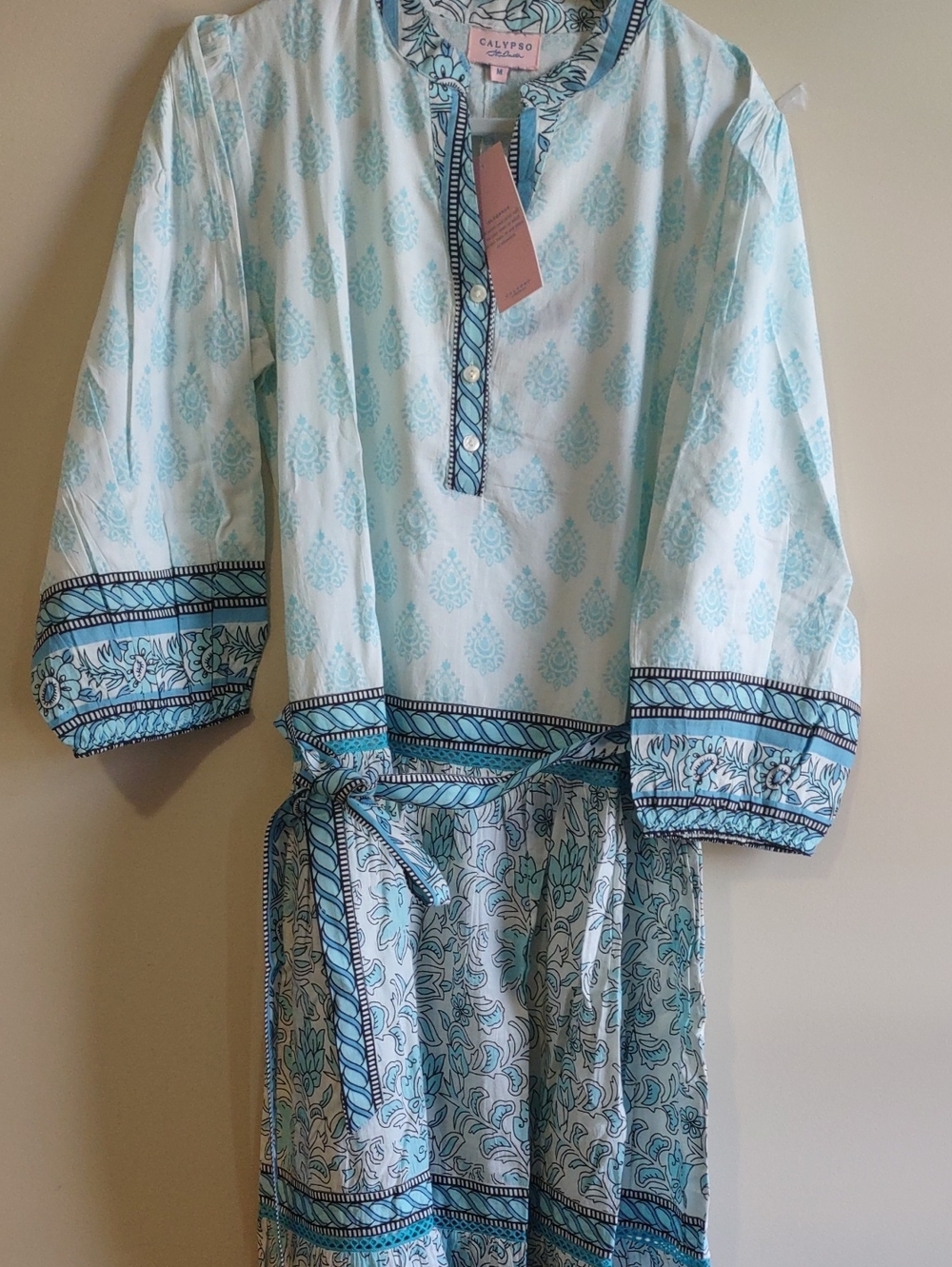 Calypso St. Barth Aqua, Black & White Floral Print NWTS Maxi Dress Size Medium